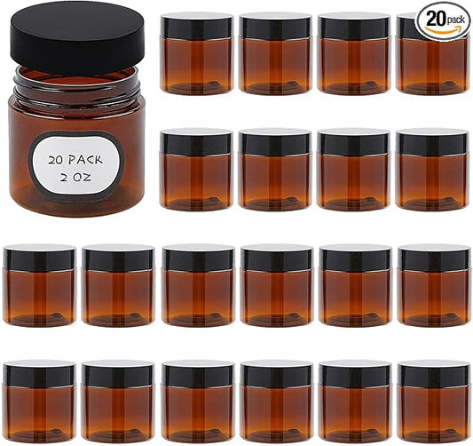 20 Pack 2 oz Amber Plastic Jars with Lids and Labels, Empty Salve Containers Refillable Cosmetic Jars for Creams, Lotion, Body Scrubs