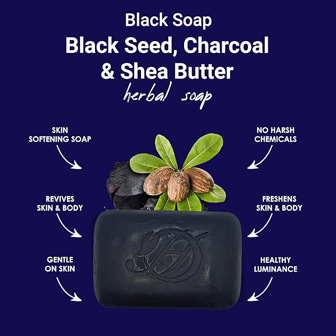 HERBOGANIC Black seed Charcoal and Shea butter Herbal Soap | Pack of 6 of 5oz soap Bar | Ideal for Men and Women, Soothing and Nourishing Soap for Moisturization