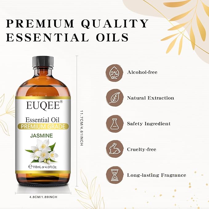 EUQEE Jasmine Essential Oil 118ml Premium Jasmine Oil for Aromatherapy, Diffuser, DIY Soap, Candle Making - 4Fl Oz