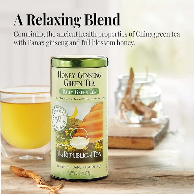 The Republic of Tea Honey Ginseng Green Tea, 50 Tea Bags, Relaxing Chinese Green Tea Gourmet Blend