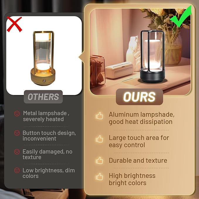 Crystal Lantern Light, Czgor Battery Operated Rechargeable Cordless Crystal Table Lantern Lamp with 3-Color, Portable Small LED Desk Lamp for Indoor/Outdoor Patio Camping Bedroom Bar Restaurant(Black)