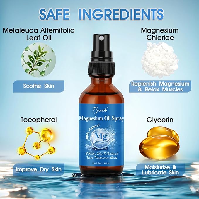 2 Pack Pure Magnesium Oil Spray, 100% Natural Ingredients for Caring Body, Topical Magnesium Spray for Feet & Sleep, Portable Bottle Design, Easy to Absorb and Use