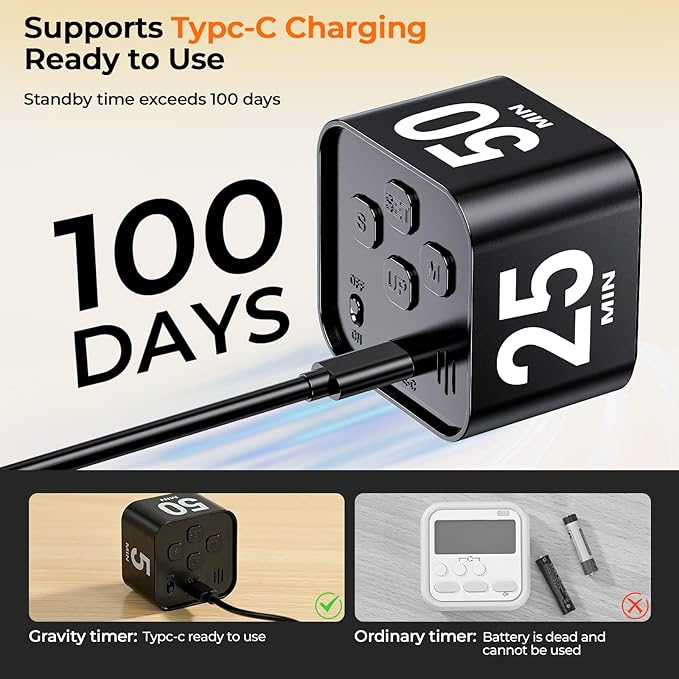EooCoo Office Desk Timer Cube, Visual Pomodoro Timer with Gravity, Countdown 5/10/25/50 Min, Rechargeable Productivity Tool for Classroom, Kitchen, Gym, Yoga, College School Supplies Cool Gadgets