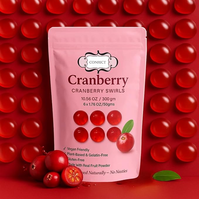 Confect Cranberry Swirls Fruit Gummies – Vegan Candy – 6 Packs x 1.76 oz – Gluten-Free, No Corn Syrup, Semi-Circle Shape