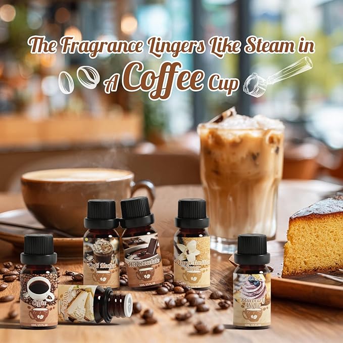 Coffee Fragrance Oil Set, Premium Essential Oils for Diffusers for Home, Blueberry Muffin, Café Mocha, Hot Chocolate, Coffee and More, Candle Scents for Candle Making, DIY Soaps, Aromatherapy