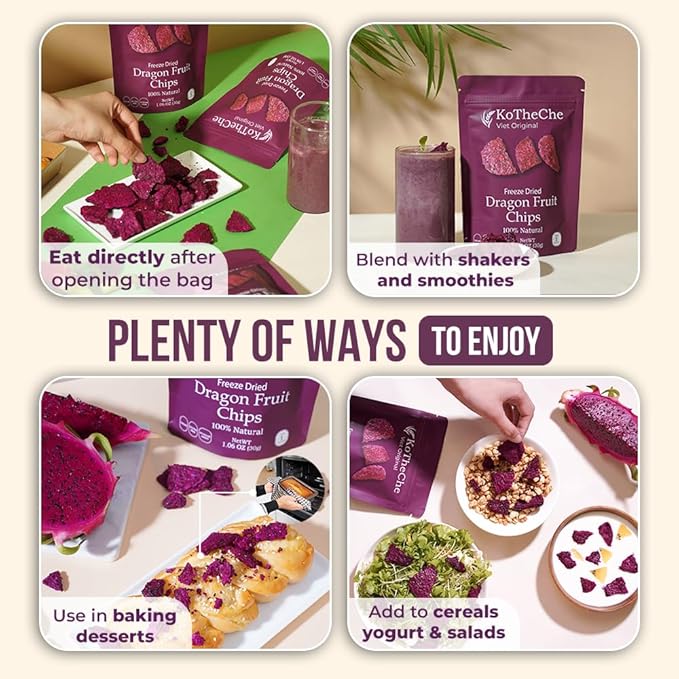 KOTHECHE Dragon Freeze Dried Fruit, 1.08 Oz (Pack of 4), Low Calorie Snacks, Gluten Free Snacks, Healthy Vegan Chips, No Sugar Added, Low Carb, Dehydrated Fruit, Resealable Bag for Kids and Adults