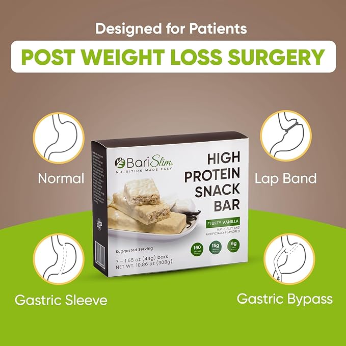 BariSlim High Protein Snack Bar for Bariatric Patients - Nutrient Rich Snack for Post-Surgery Wellness - Ideal for Weight Loss Maintenance & Daily Nutrition | Fluffy Vanilla Bar (13 oz)
