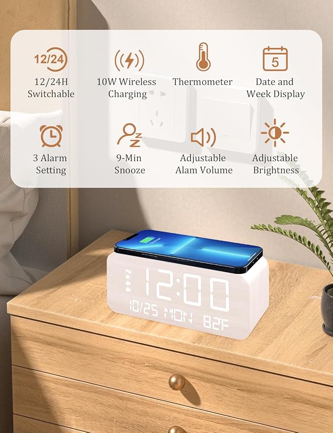 Digital Alarm Clock, with Wooden Electronic LED Time Display, 3 Alarm Settings, Humidity & Temperature Detect, Wood Made Electric Clocks for Bedroom, Bedside, Desk (White-Wireless)