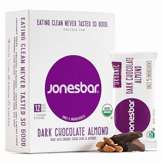 JONESBAR (Dark Chocolate Almond, (12 Count (Pack of 1)), USDA Organic Fruit & Nut Bar, Non-GMO, Kosher, Vegan, Gluten Free, Simple Snack Bar