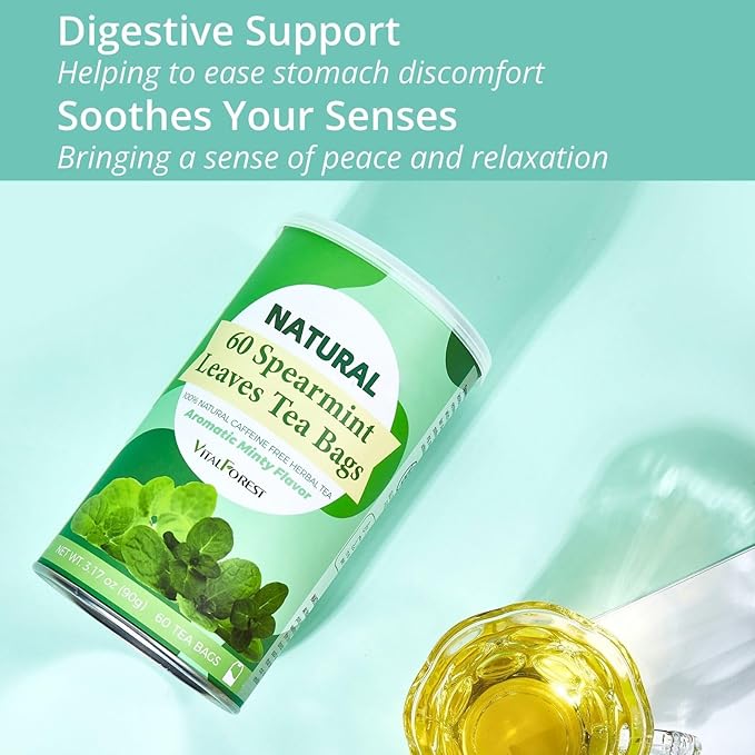 60 Spearmint Tea Bags - VitalForest Premium Dried Spearmint Leaves - Spear Mint Tea - Refreshing & Minty, Caffeine Free, Corn Fiber Tea Bags, Canister Pack for Freshness