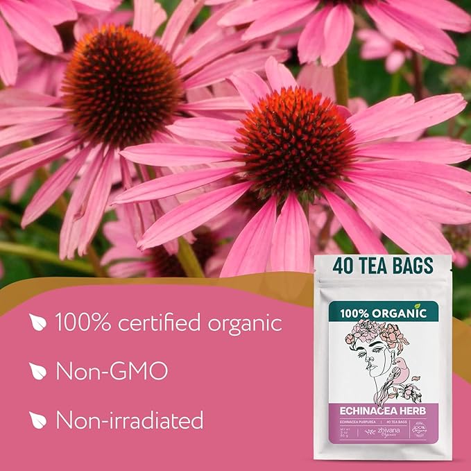 Echinacea Tea Organic (40 Tea Bags) - 100% Pure Natural Immunity Support - Equinacea Organica - Herbal Infusion - Caffeine-Free
