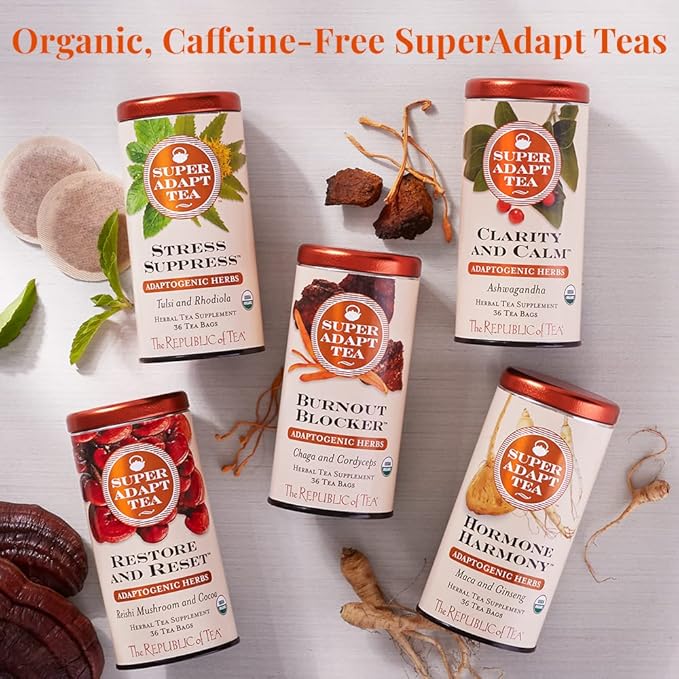 The Republic of Tea - SuperAdapt Stress Suppress Herbal Tea, 36 Tea Bags, Organic, Caffeine Free, Tulsi and Rhodiola Herbal Tea