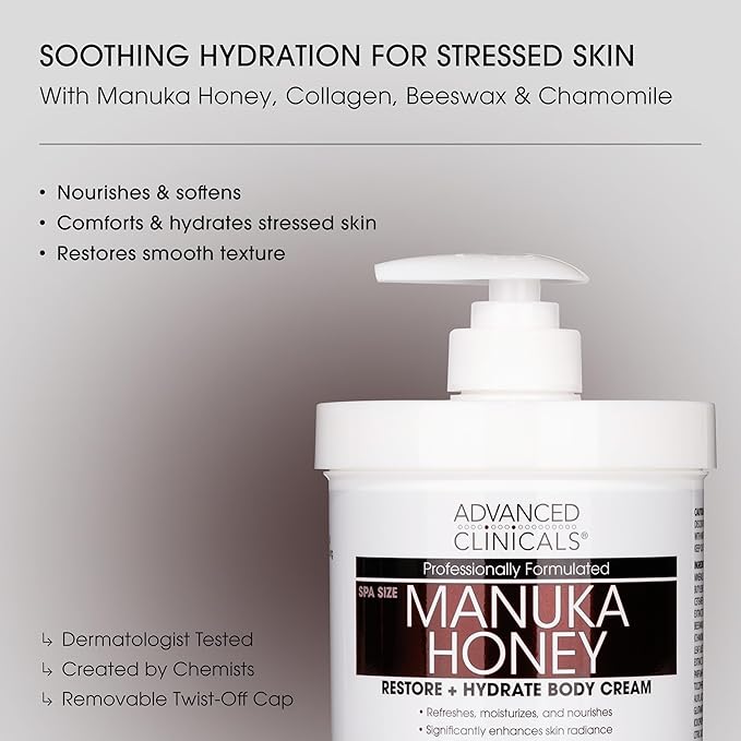 Advanced Clinicals Manuka Honey Body Cream For Women & Men | Body Butter Lotion For Extremely Dry Skin | Collagen Cream | Skincare Moisturizer Hydrating Balm Improves Look Of Aging Skin, 16Oz, 2-Pack