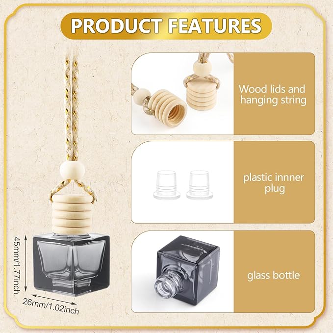 20 Pack Black Hanging Car Air Freshener Bottle Empty Car Essential Oil Diffuser Bottles Pendant Black Glass Perfume Bottles Aromatherapy Fragrance Bottle Auto Ornaments Decor (square)