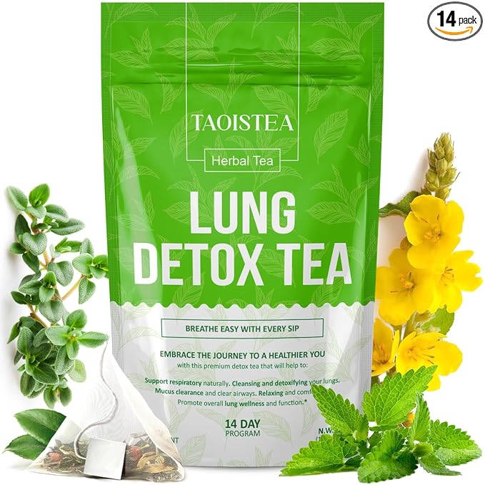 Lung Detox Tea - Mullein Tea Bags for Lungs Cleanse and Respiratory Health with Mullein Leaf, Lungwort, Eucalyptus, Thyme, Liquorice, Spearmint - 14 Tea Bags Natrual Herbal Tea, Caffeine Free