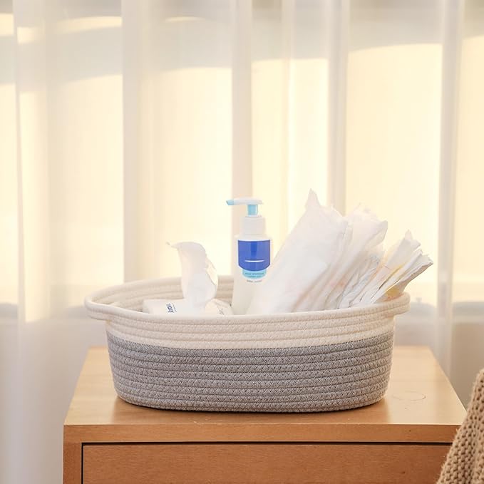 2 Pack Small Woven Storage Basket with Handles 12"x8"x5", Decorative Rope Bin for Home Organization, Shelf Storage,Cotton Rope Room Shelf Storage Basket with Handles