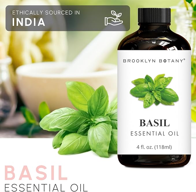 Brooklyn Botany Basil Essential Oil - Huge 4 Fl Oz - 100% Pure and Natural - Premium Grade with Dropper - for Aromatherapy and Diffuser