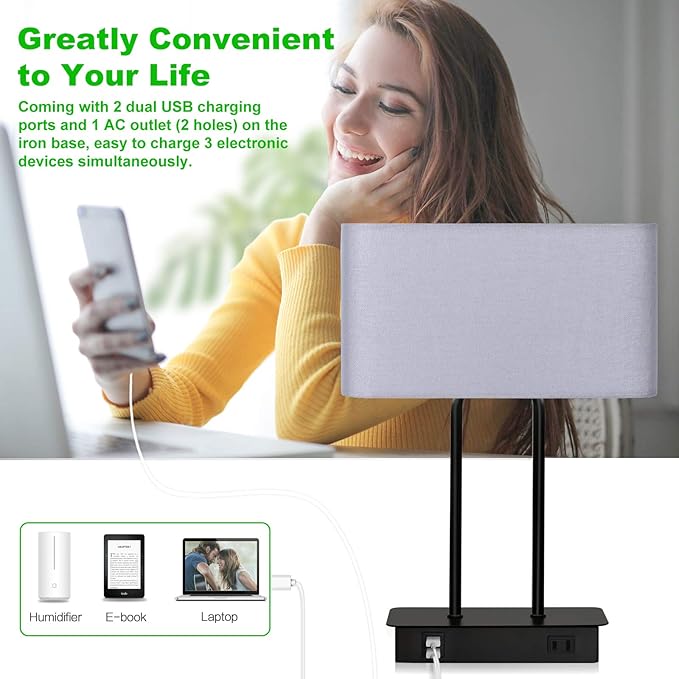 Bedside Touch Control Table Lamp with Dual USB Charging Ports 1 AC Outlet, 3 Way Dimmable Modern Nightstand Lamp with Grey Fabric Shade, Desk Lamp for Bedroom Living Room Office with 5000K LED Bulb