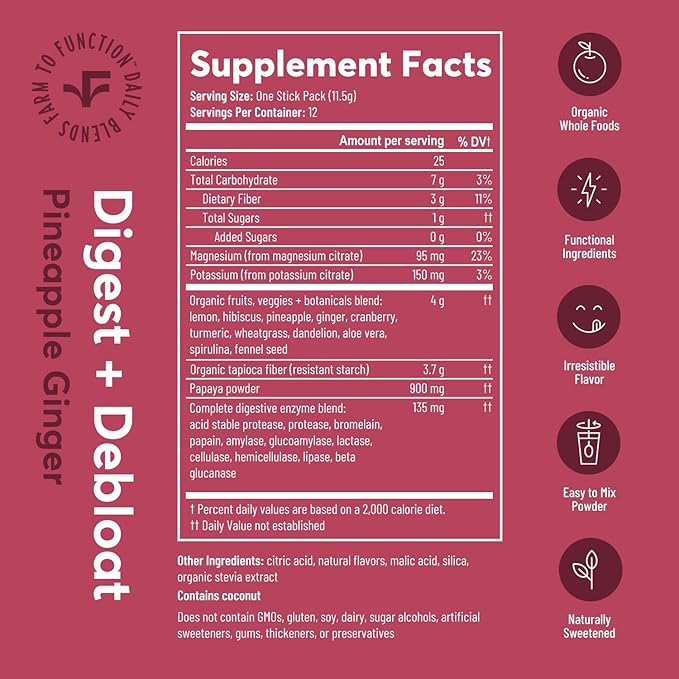 Debloating and Daily Digestion Drink Mix – Anti-Bloating and Gut Health Supplement with Digestive Enzymes, Prebiotics, and Organic Superfoods – Detox and Debloat - Pineapple Ginger Flavor