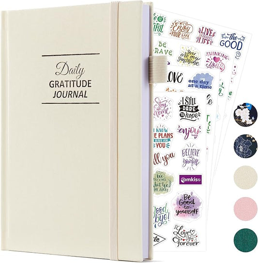 Gratitude Journal with 4 Inspirational Stickers: Undated Daily Gratitude Journal for Women and Men - More Happiness, Affirmation, and Mindfulness in A Few Minutes with Prompts & Quotes (Beige)