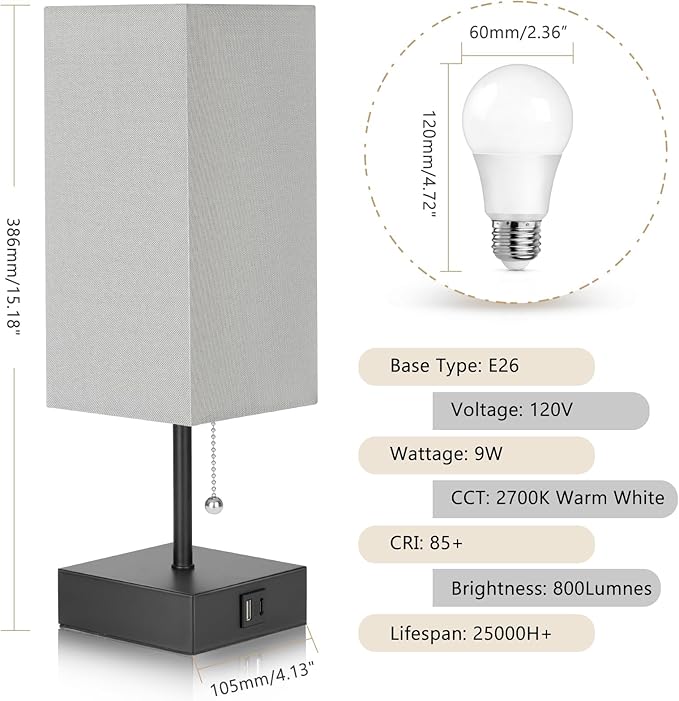 GGOYING Bedside Table Lamp, Modern Nightstand Lamp with USB Charging Ports, Pull Chain, 2700K LED Bulb, Grey Fabric Shade for End Table Living Room Home Office Study Room
