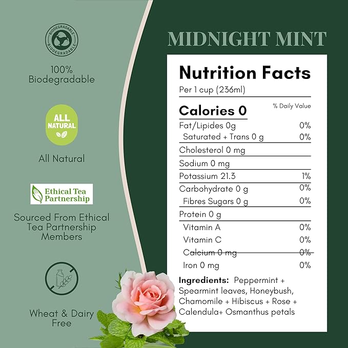 Tease Tea Organic Peppermint Tea - Midnight Mint Digestive Health Herbal Drink, Stomach Relief Caffeine Free Drink Made with Peppermint, Spearmint, and Peach For Calming and Soothing Blend
