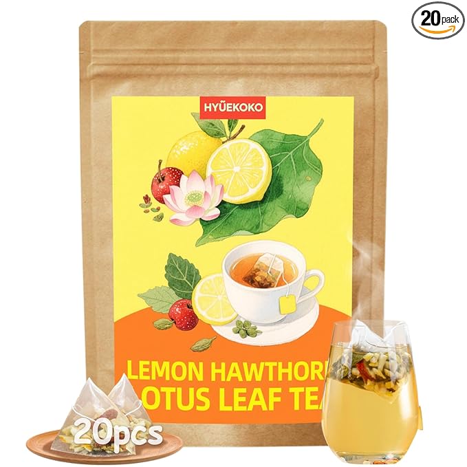 20 Bags Zesty Lemon Hawthorn Lotus Leaf Tea, Caffeine-Free Natural Ingredients Herbal Tea Bags, Improve Digestion, No Additives, Daily Enjoyment Tea for Women