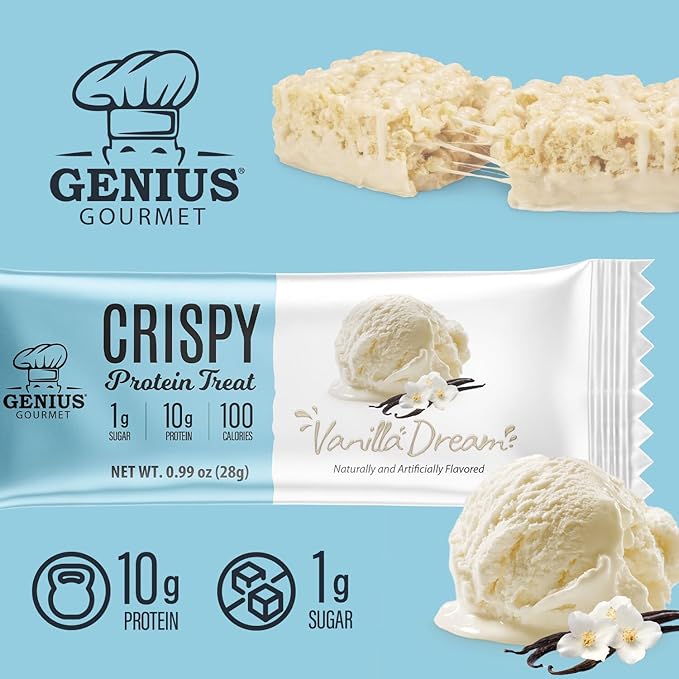 Genius Gourmet Crispy Protein Treat, Vanilla Dream, Keto Snack, Low Carb, Low Sugar & Gluten Free, Protein Snacks for Adults, 10G of Whey Protein per Protein Bar, 5 Net Carbs, On The Go Snack, 10 CT