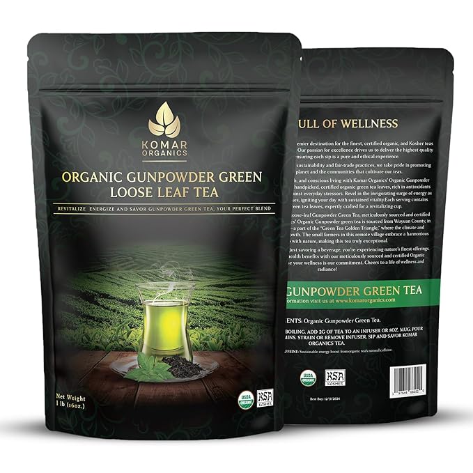 Komar Organics Gunpowder Green USDA Organic Green Tea 16Oz Loose Leaf Deep Smokey Flavor 1 LB, Ideal for Energy Boost, Antioxidants