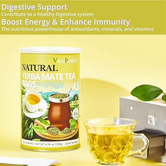 45 Yerba Mate Tea Bags, VitalForest Unsmoked Yerba Mate from Rainforest, Energy Burst Yerba Tea