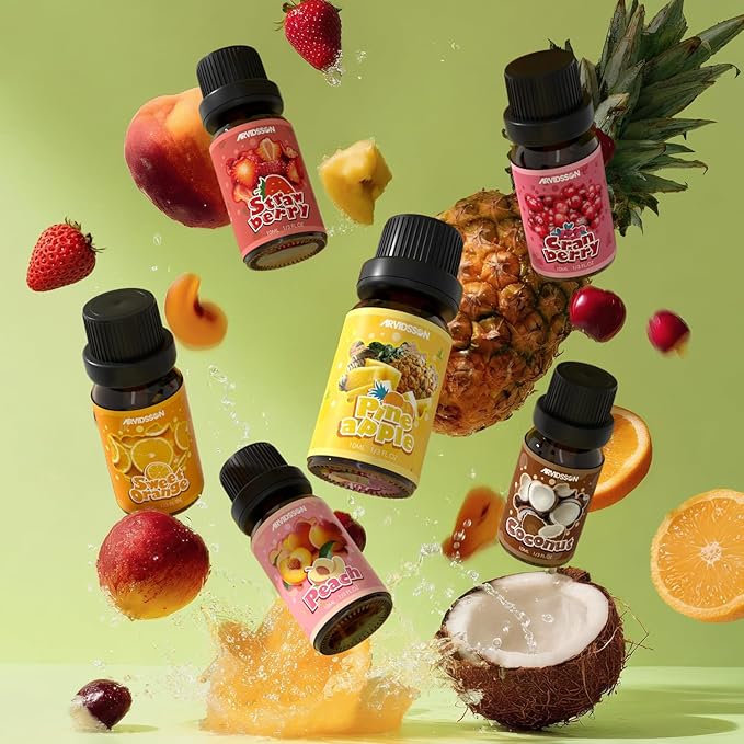 ARVIDSSON Fruits Essential Oils Set, Natural Fruity Fragrance Oil for Candle & Soap Making - Sweet Orange, Pineapple, Coconut, Cranberry, Peach, Strawberry, Aromatherapy Diffuser Oils Gift Set