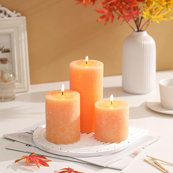 3x6 Inch Yellow Pillar Candles - Set of 3, Unscented, Large, Smokeless Dripless Candles for Dinner Table Decor, Home Rustic Decor, Fall Centerpieces