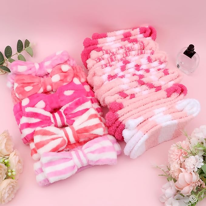 ANBALA 12Pcs Spa Sleepover Party Supplies - 6 Pink Spa Headbands & 6 Fuzzy Socks for Slumber Party Gifts