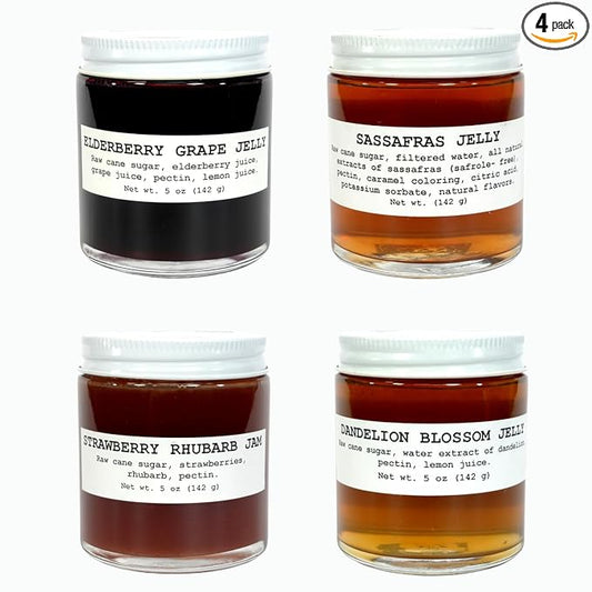 Four Pack Traditional Collection of 5 oz jars of Artisanal Naturally Grown Jams & Jellies - Sassafrass, Elderberry Grape, Strawberry Rhubarb, and Dandelion Jellies by Smoke Camp Crafts