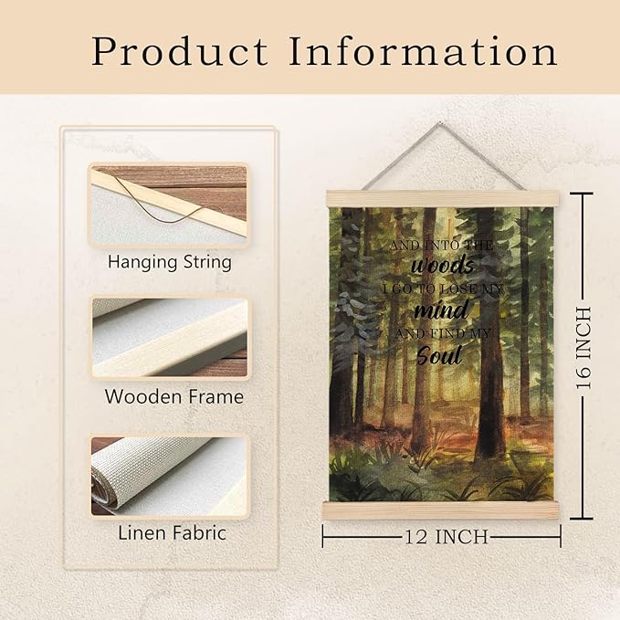 Exqcom Inspirational Wall Decor, And Into the Woods I Go to Lose My Mind and Find My Soul Wall Art Poster, Motivational Woodland Forest Posters for Home Office Church, 12x16 Inches