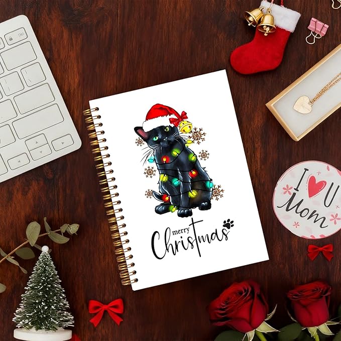 Exqcom Christmas Black Cat Spiral Notebook Gifts, Black Cat Gifts, Merry Christmas Journal for Women, Winter Holiday Funny Kitty Hardcover Notebook Journal Office School Supplies, 5.5x8.3 Inch