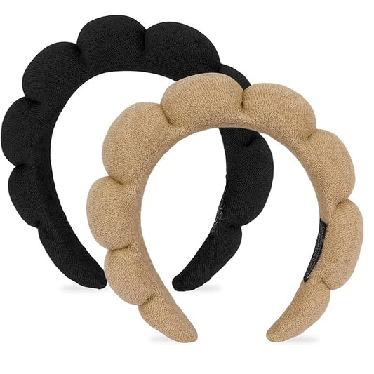 AMCAMI Puffy Spa Headband for Women Sponge Headbands for Girls 2 PCS Terry Towel Cloth Fabric Head Band for Skincare,Makeup Removal,Face Washing,Facial Mask,Shower,Hair Accessories（Black&Light Coffee）
