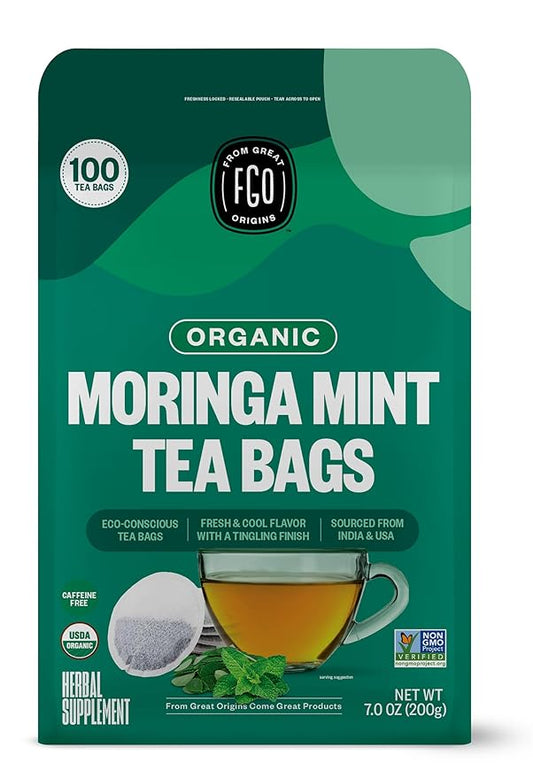 FGO Organic Moringa Mint Tea, 100 Count, Eco-Conscious Herbal Tea Bags, Resealable Bag, Caffeine Free, Packaging May Vary (Pack of 1)