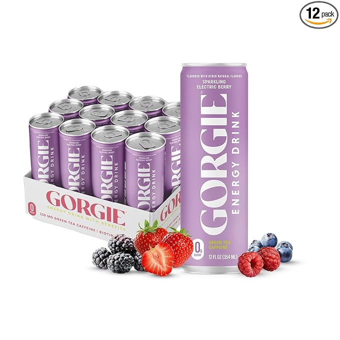 GORGIE Sugar Free Natural Energy Drinks, Wild Berry (12 Pack) - Healthy Energy Drinks - Natural Coffee Replacement with Green Tea Caffeine and Biotin - 150mg Caffeine, Vegan, & Low Calorie