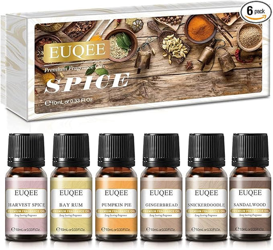 EUQEE 6PCS Spice Autumn Fragrance Oil Set, Scented Oils for Candle Making, Diffusers Aromatherapy Halloween Fragrance Oils for Diffuser & DIY Candles-Sandalwood, Harvest Spice, Bay Rum, Snickerdoodle
