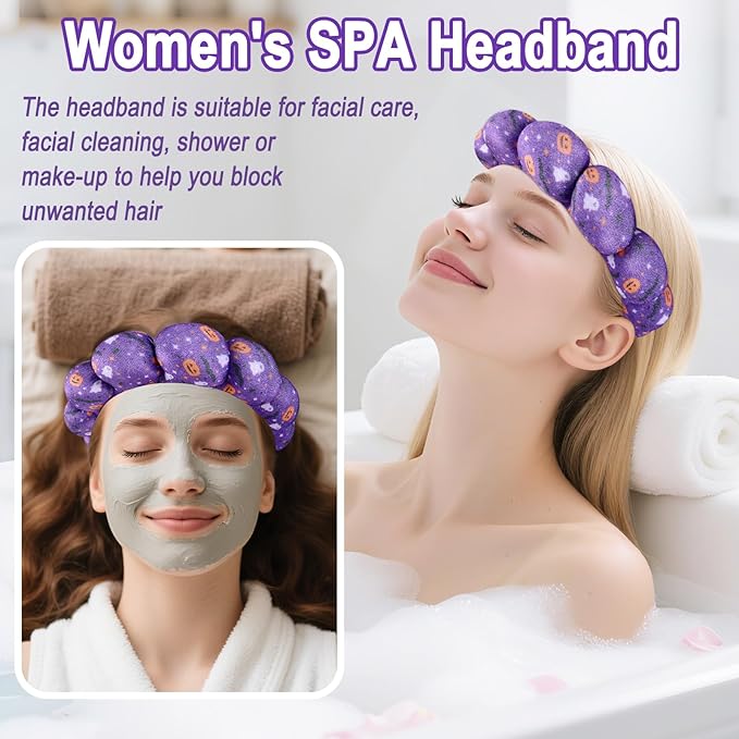 Zkptops Spa Headband for Washing Face Wristband Set Sponge Makeup Skincare Velvet Fabric Bubble Get Ready Hairband Puffy Headwear Non Slip Thick Thin Hair Accessory Gift for Women Girls(Halloween)