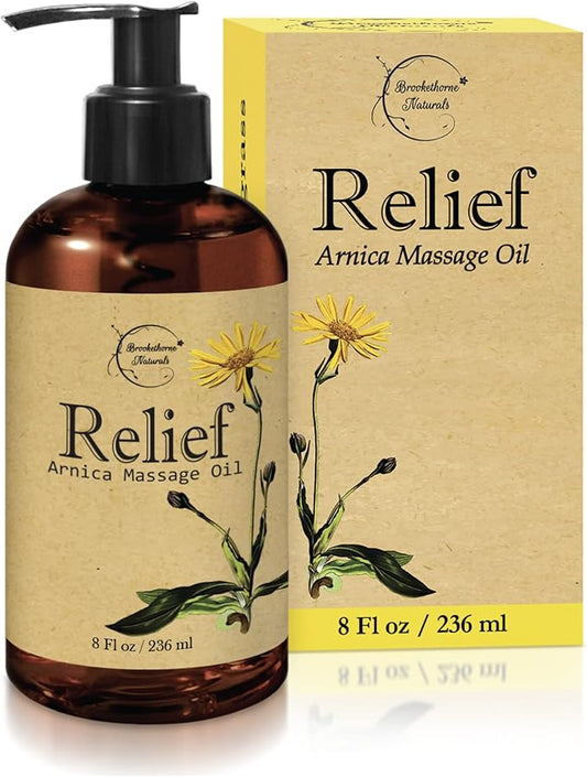 Relief Arnica Massage Oil – Great for Sports & Athletic Therapeutic Massage – All Natural - Arnica Montana for Sore Muscle Relief. Contains Sweet Almond, Jojoba, Grapeseed & Essential Oils 8oz