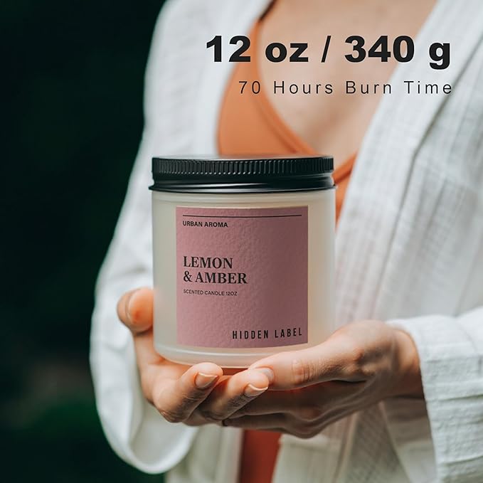 Hidden Label Lemon Amber Scented Candle, 12oz 2 Wick Natural Soy Non Toxic Candles, Clean Burning Long Lasting Aromatherapy for Home | Gifts | Décor,Premium Scents for Relaxation & Stress Relief