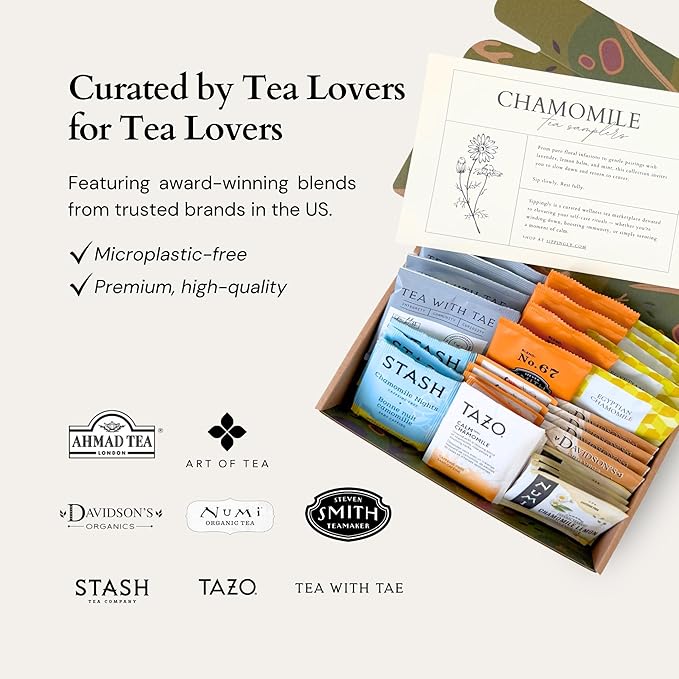 Sippingly Chamomile Tea Sampler Box - 8 Premium Herbal Blends. 32 Biodegradable Tea Bags. Caffeine-Free Sleep & Relaxation Tea Gift Set.