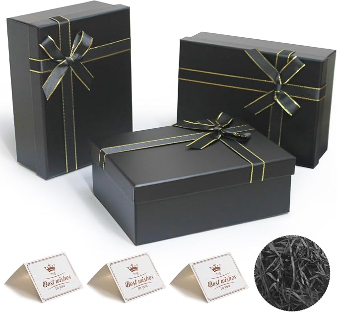 Eerbaier Gift Box with Lid for Present - 3 Pack Small Gift Boxes 8.6x6.3x3.5 Inches, Black Gift Box with Raffia Paper Fill and Greeting Card