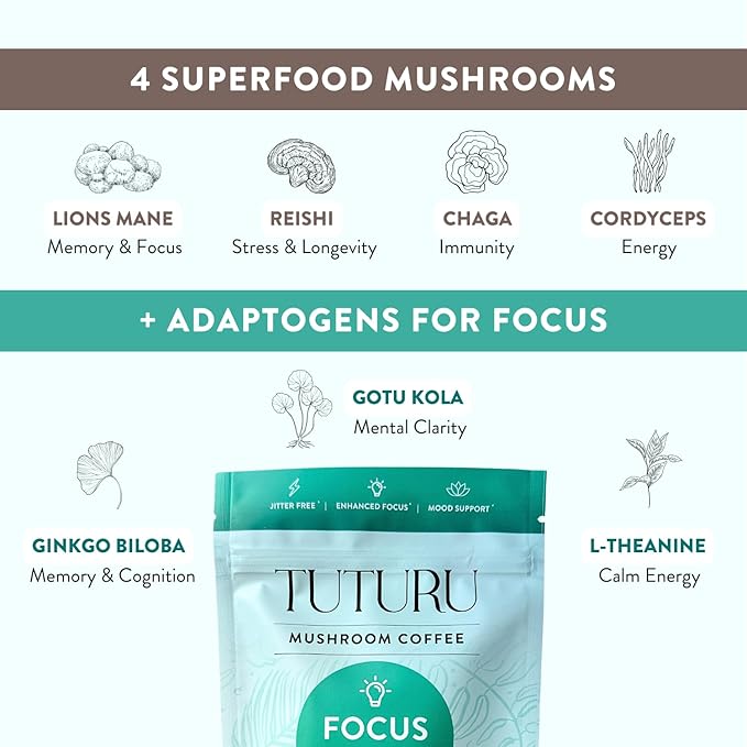 Focus Mushroom Instant Coffee - Adaptogen Coffee with Lion's Mane, Chaga, Ginkgo, L-Theanine - Jitter & Crash Free Energy - 35 Servings (Instant)