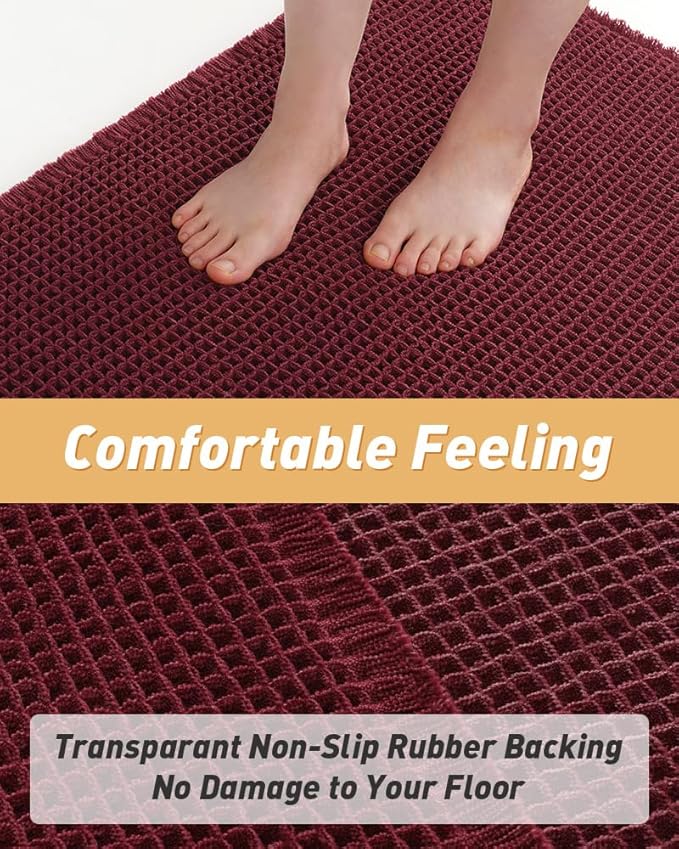 AMOAMI Upgraded Waffle Bath Mat, Super Absorbent Non Slip Bath Mats for Bathroom Floor, Machine Washable Bathroom Rugs with Tassels, Rubber Backed Bathroom Mats, Ultra Soft, 20" x 32", Burgundy