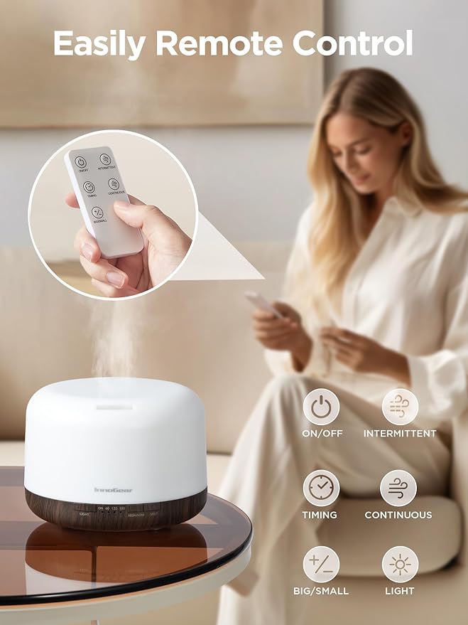 InnoGear 500ml Essential Oil Diffuser with Remote Control, Premium Ultrasonic Aromatherapy Diffusers Scent Humidifier Vaporizer Auto-Off Timer for Large Room Home, Brown