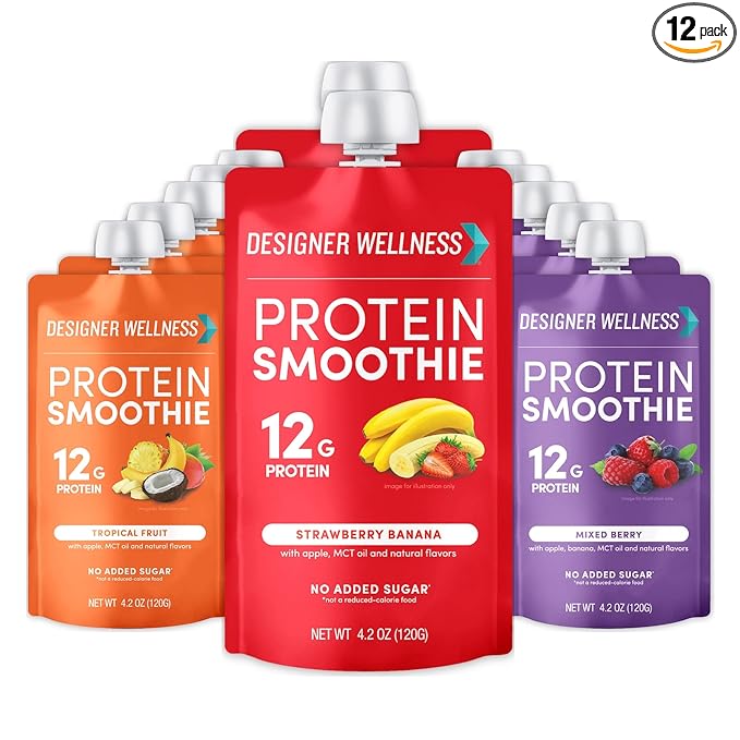 Designer Wellness Protein Smoothie, Real Fruit, 12g Protein, Low Carb, Zero Added Sugar, Gluten-Free, Non-GMO, No Artificial Colors or Flavors, Variety Pack, 12 Count