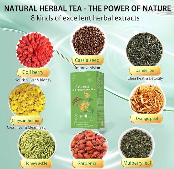 Goji Berry Chrysanthemum Tea, Dandelion Wolfberry Tea, Liver Cleanse & Detox Chinese Chrysanthemunn Cassia Seed Tea Bags with Eight Herbal Ingredients(1Box/15 Bags)